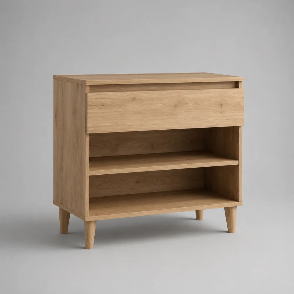 Schuhschrank aus Holz mit Schublade und 2 offenen Fächern, Naturbraun, 80 x 35 x 90 cm