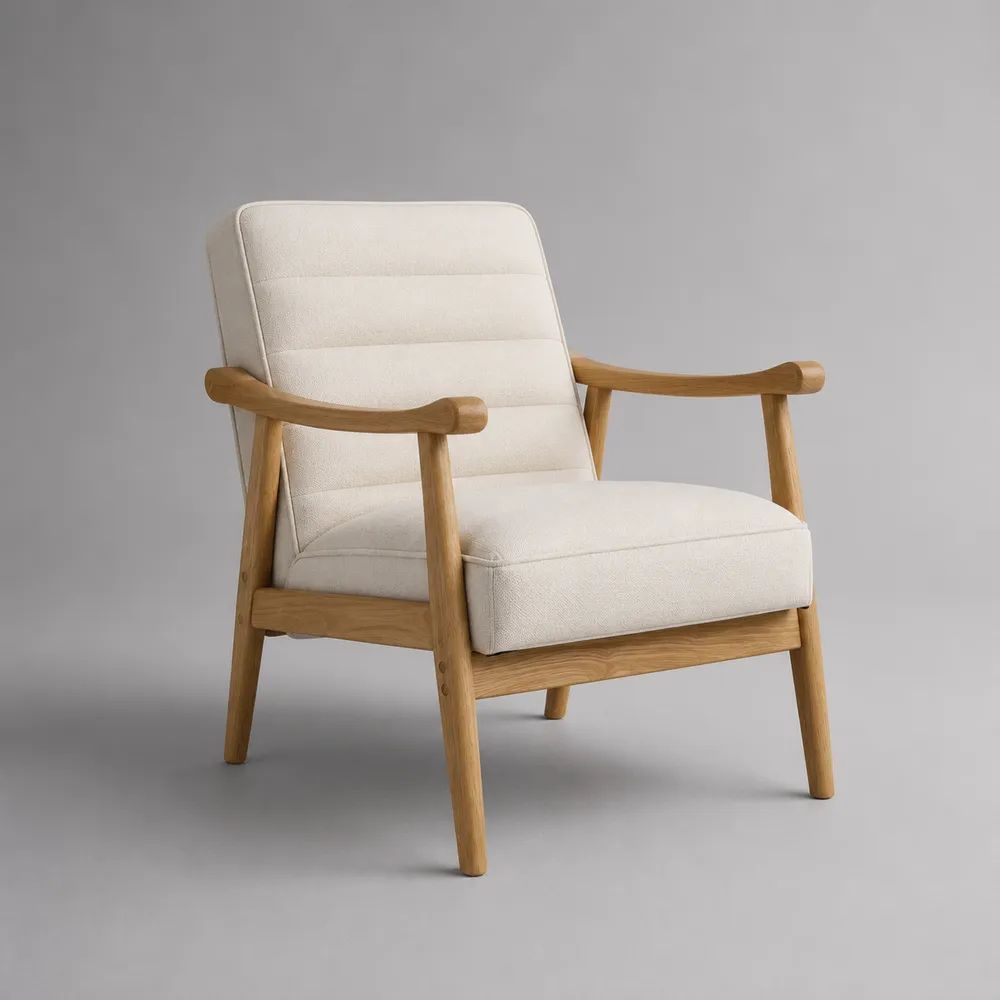 Sessel mit Armlehnen aus Polyester-Bouclé und Eiche-Massivholz, Creme/Natur, 72 × 78 × 84 cm