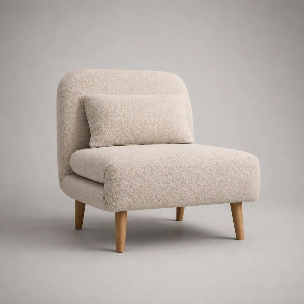 Loungesessel aus Polyester-Bouclé mit Massivholzbeinen und Rückenkissen, Cremeweiß/Naturbraun, 73 x 77 x 78 cm