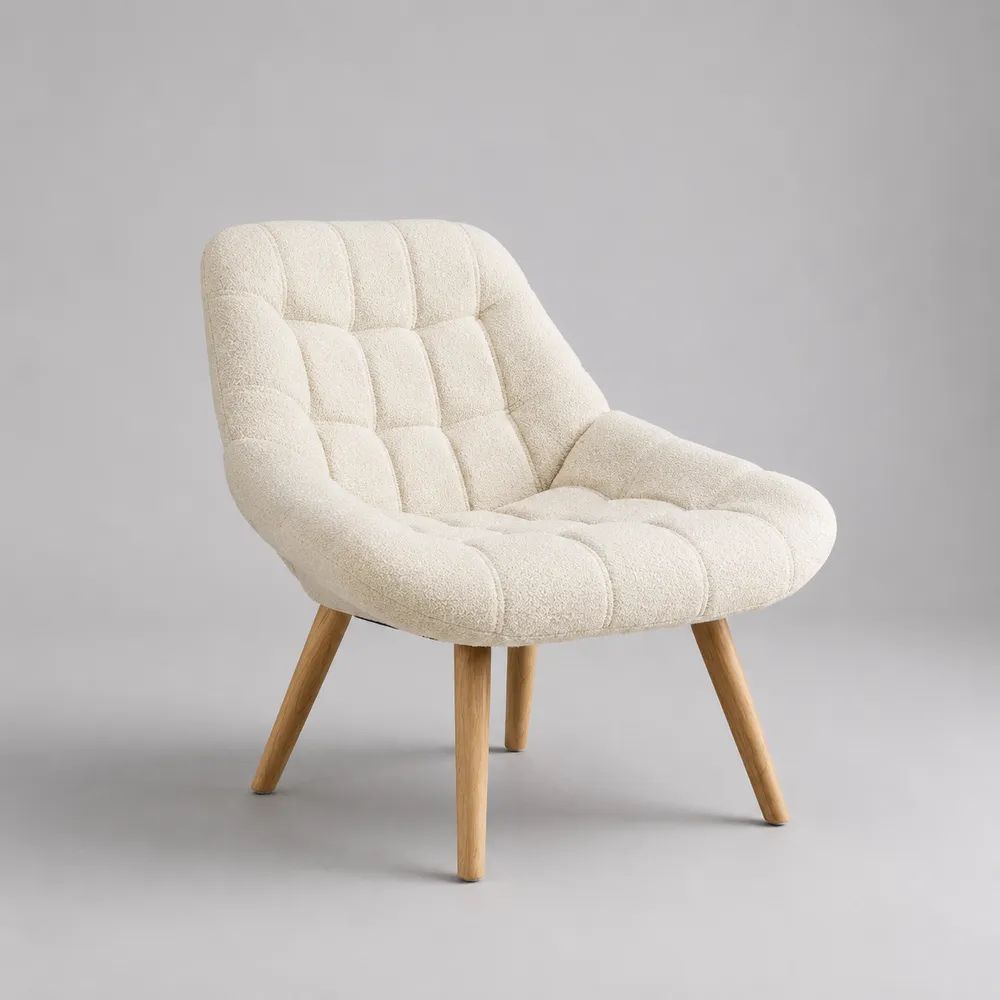 Polstersessel Loungesessel aus Polyester-Bouclé mit Massivholzbeinen, Creme/Natur, 75 × 78 × 82 cm