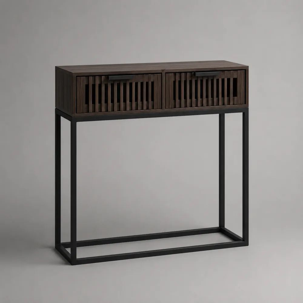 Konsolentisch mit 2 Türen aus MDF und Stahl, Nussbraun/Schwarz, 100 x 30 x 100 cm