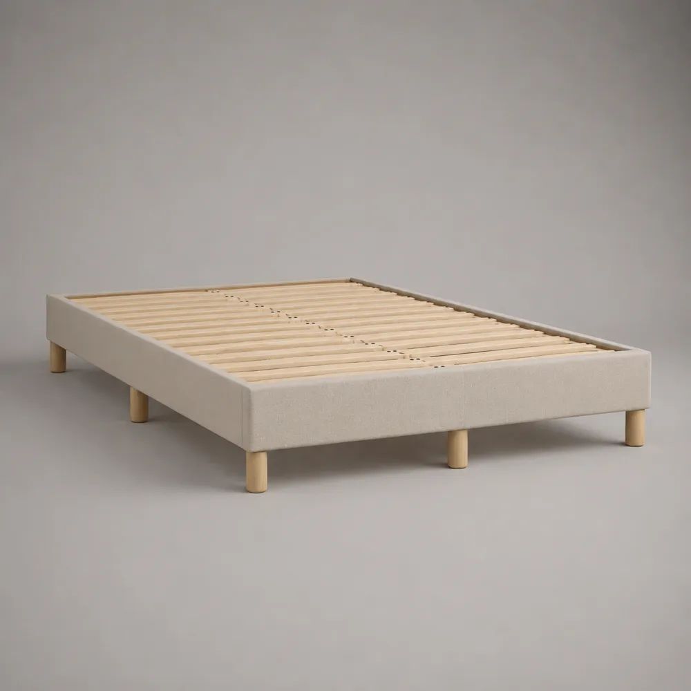 Polsterbett 140 x 200 cm mit Holzlattenrost und Stoffbezug, Beige/Natur, ohne Kopfteil