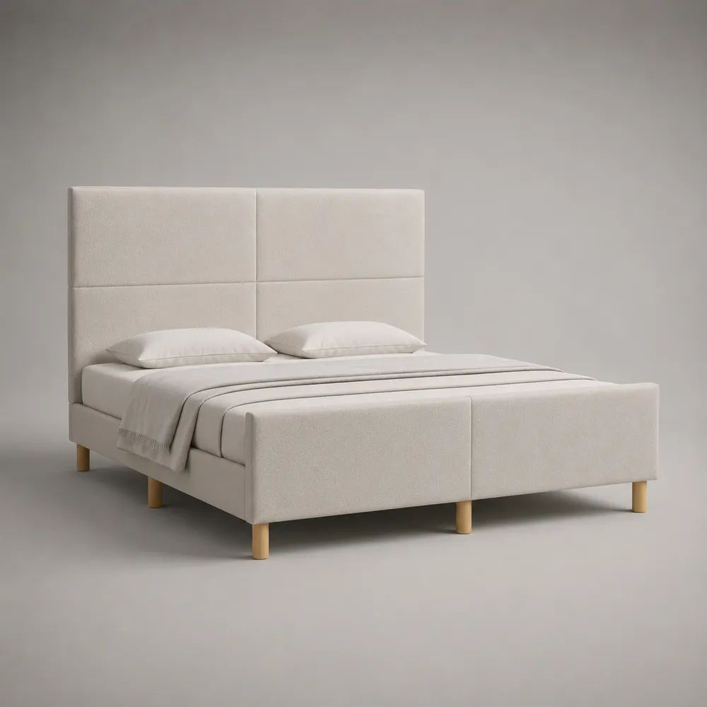 Polsterbett Doppelbett mit Polyester-Bouclé-Bezug, hohem Kopfteil und Lattenrost, Creme, 160 x 200 cm