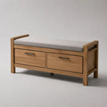 Schuhbank aus Eichenholz und MDF mit Sitzkissen und 2 Schubladen, Natur/Grau/Schwarz, 100 × 38 × 55 cm