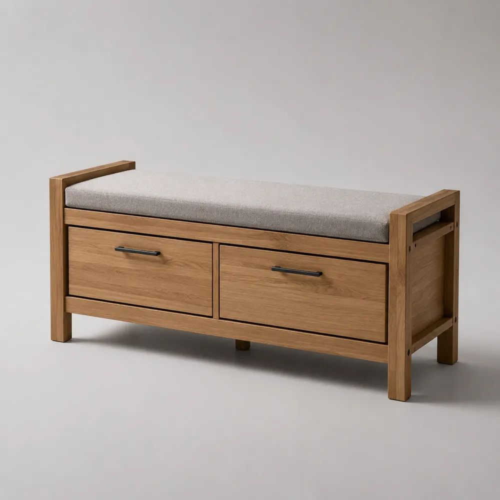 Schuhbank aus Eichenholz und MDF mit Sitzkissen und 2 Schubladen, Natur/Grau/Schwarz, 100 × 38 × 55 cm