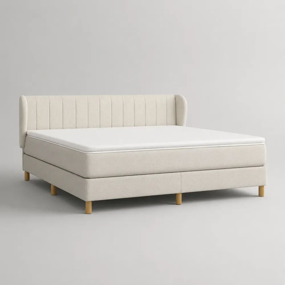 Boxspringbett-Set mit Matratze und Topper 180 x 200 cm, Bouclé-Bezug, Beige/Natur