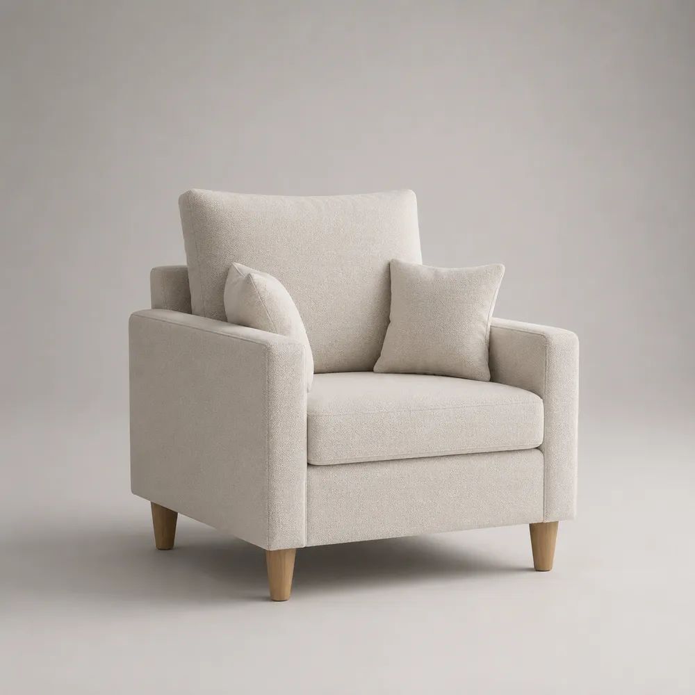 Polstersessel mit Armlehnen und 2 Zierkissen, Bouclé-Polyester, Massivholzfüße, Creme/Natur, 88 x 86 x 90 cm