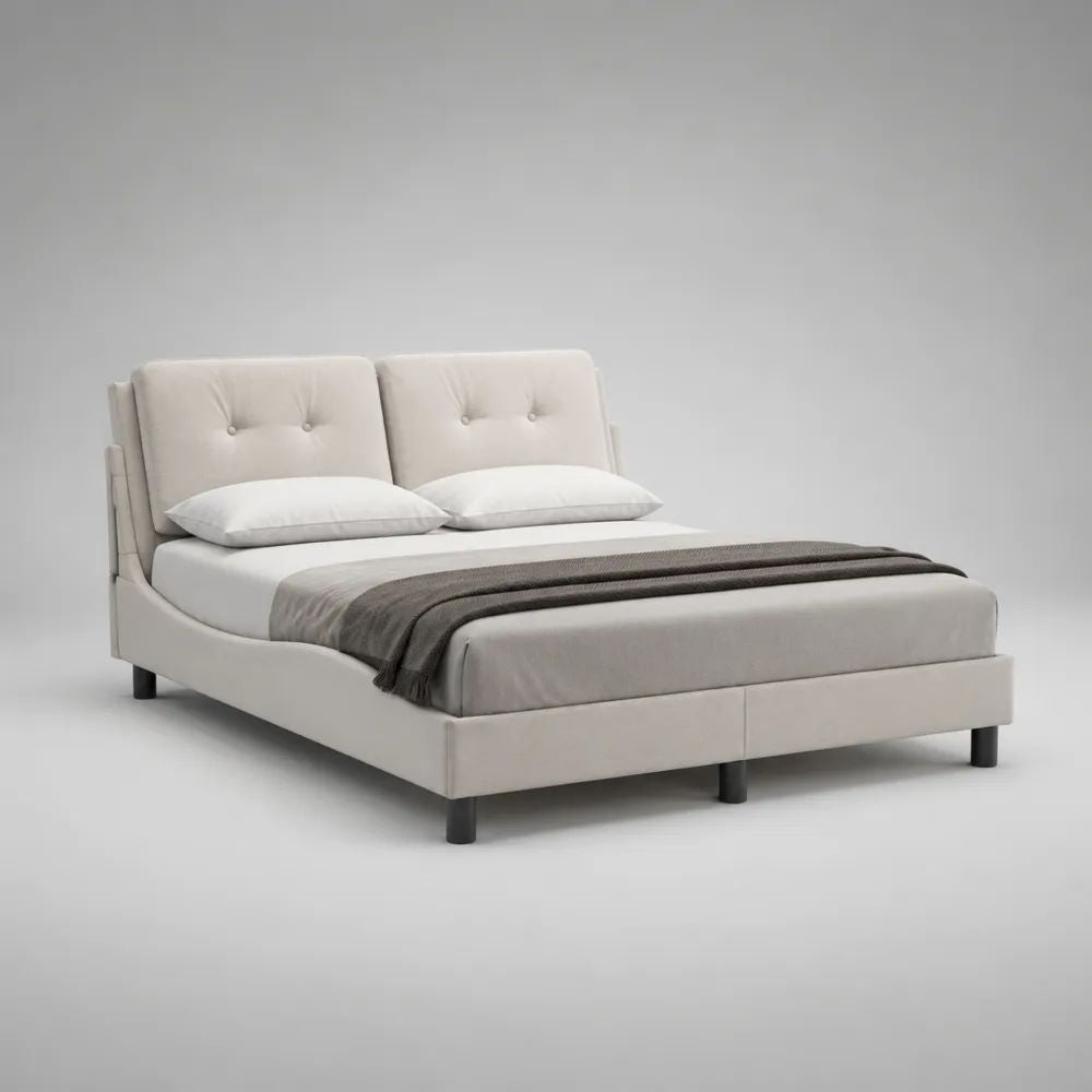 Polsterbett Doppelbett aus Polyester und Metall, Beige/Schwarz, Liegefläche 160 × 200 cm, Gesamtmaß 214 × 172 × 105 cm