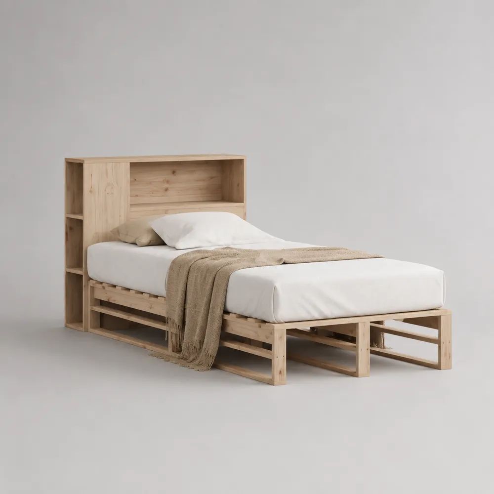Einzelbett aus Massivkiefer mit Regal-Kopfteil und Stauraum, Natur, Liegefläche 90 × 200 cm, Gesamtmaß 210 × 105 × 120 cm