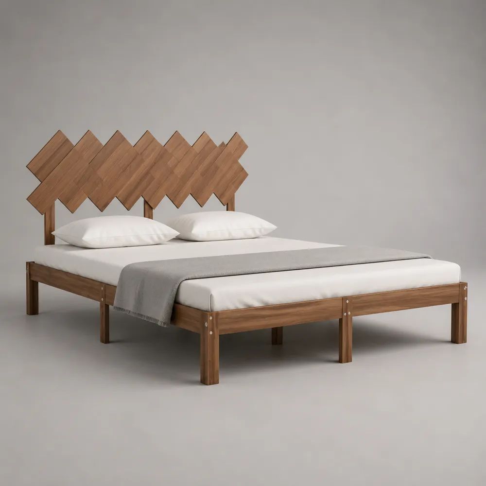 Doppelbett-Bettgestell aus massivem Akazienholz mit Kopfteil, Liegefläche 180 × 200 cm, Braun/Dunkelbraun