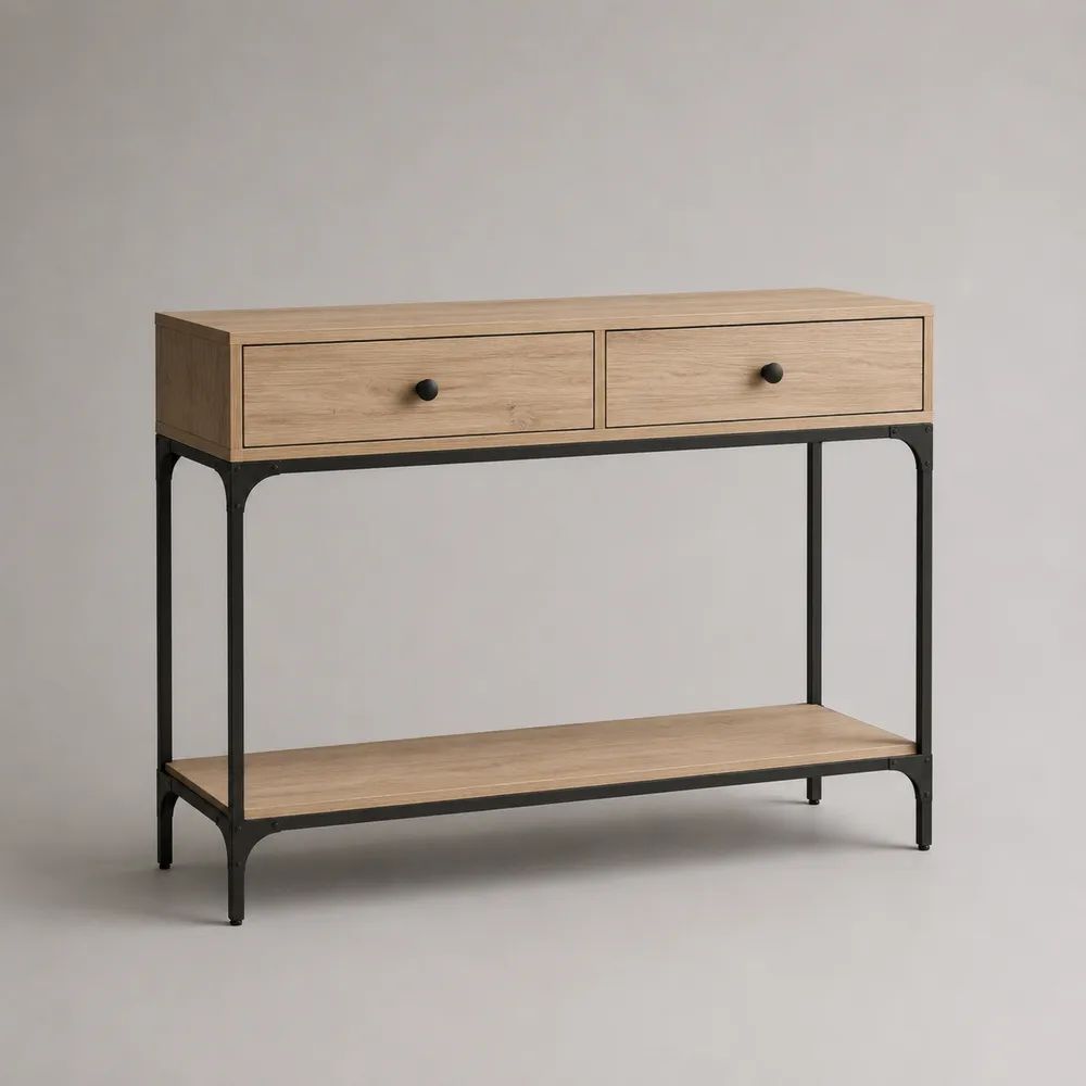 Konsolentisch aus MDF und Stahl mit 2 Schubladen und Ablage, Eichefarben/Schwarz, 100 × 35 × 80 cm