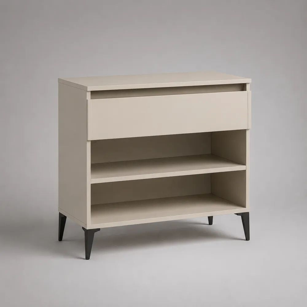 Schuhschrank aus melaminbeschichteter Spanplatte mit Schublade und 2 offenen Ablagefächern, Beige/Schwarz, 80 x 35 x 95 cm