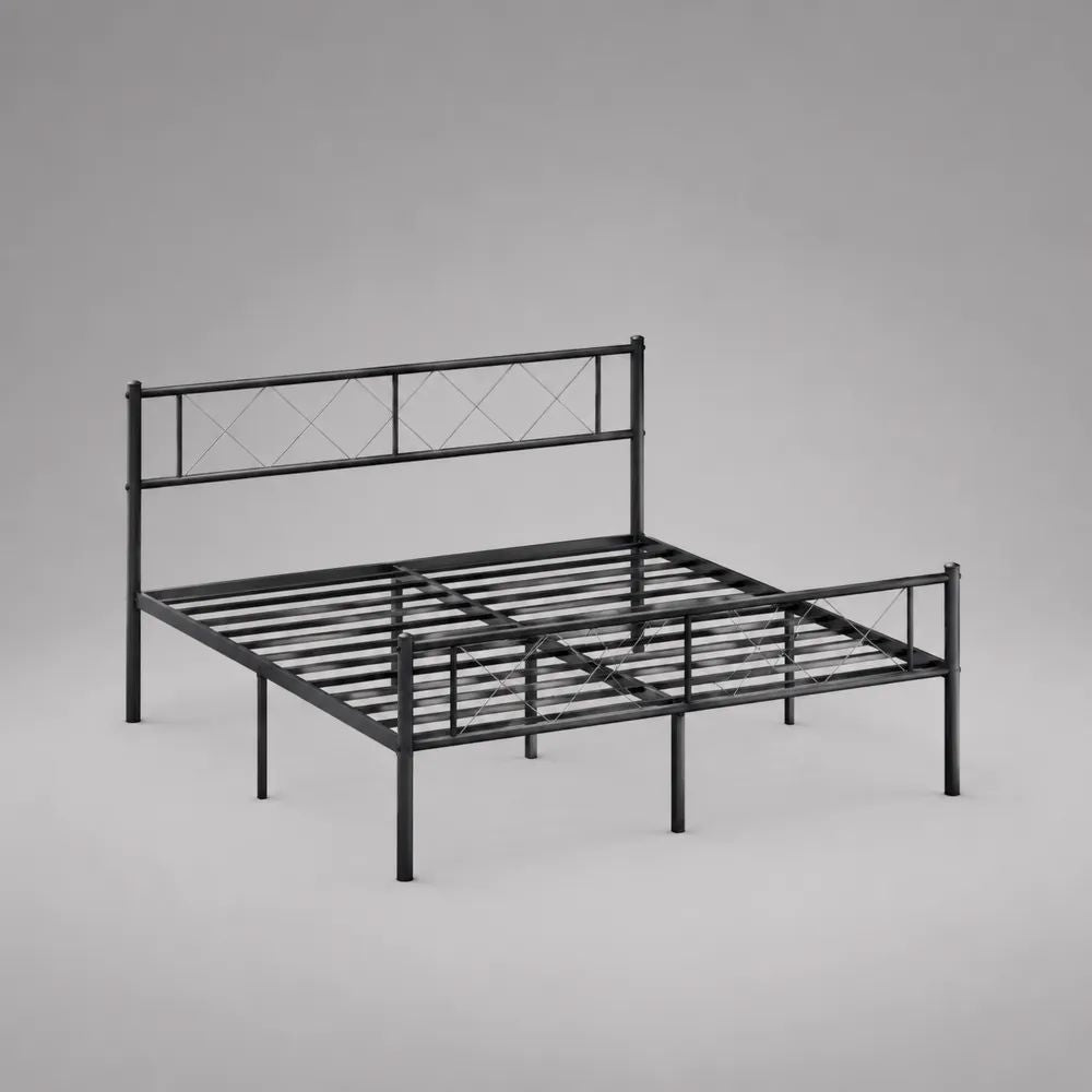 Metallbett 140 x 200 cm, Gesamtmaß 208 x 146 x 100 cm, Stahlbettgestell mit Kopfteil, Fußteil und Stahl-Lattenrost, Schwarz