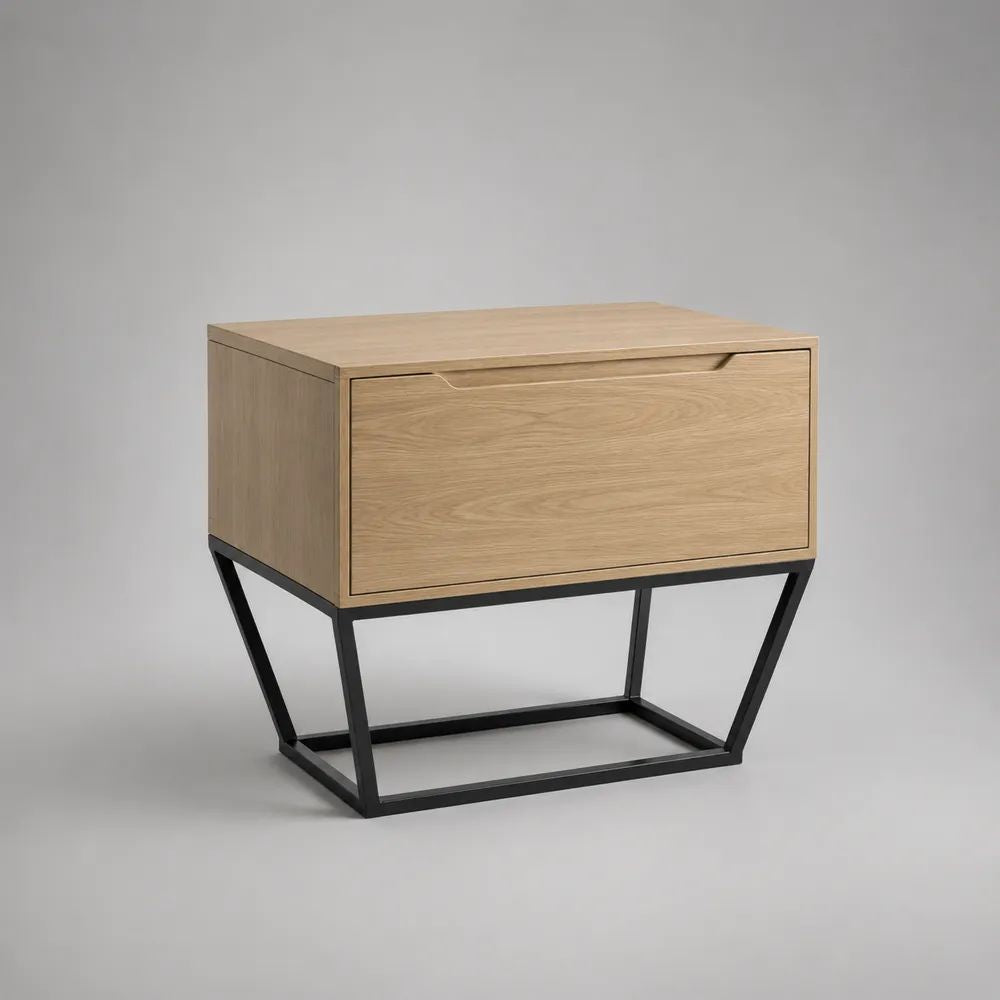 Nachttisch mit Schublade aus MDF mit Eichenfurnier und Stahlgestell, Natur/Schwarz, 55 × 40 × 55 cm