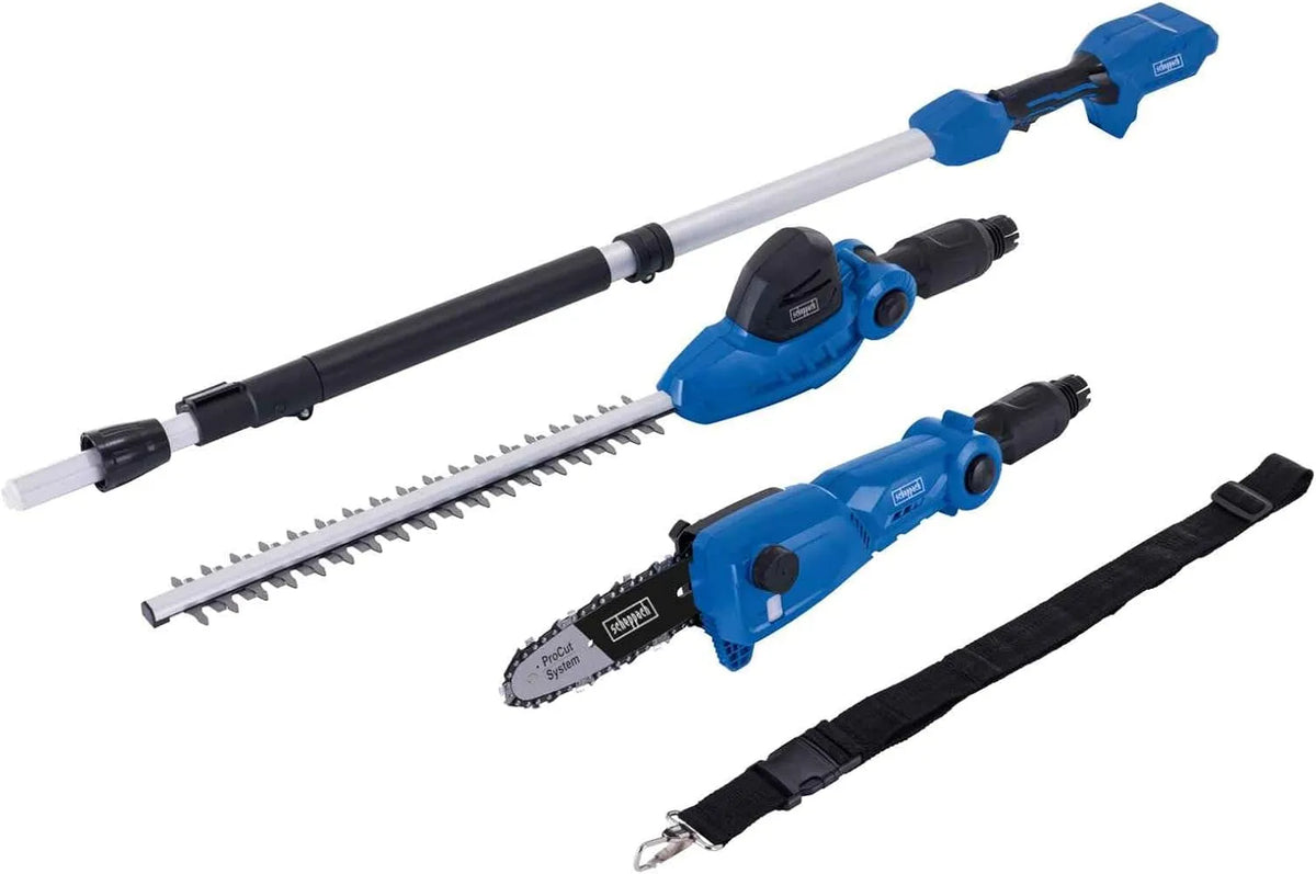 Scheppach Heckenschere C-PHTS410-X 2in1 20V-IXES-Serie, 10 Jahre, Schultergurt & Teleskopstange, Spannung, Schnittlänge & Hochentaster 410/180mm