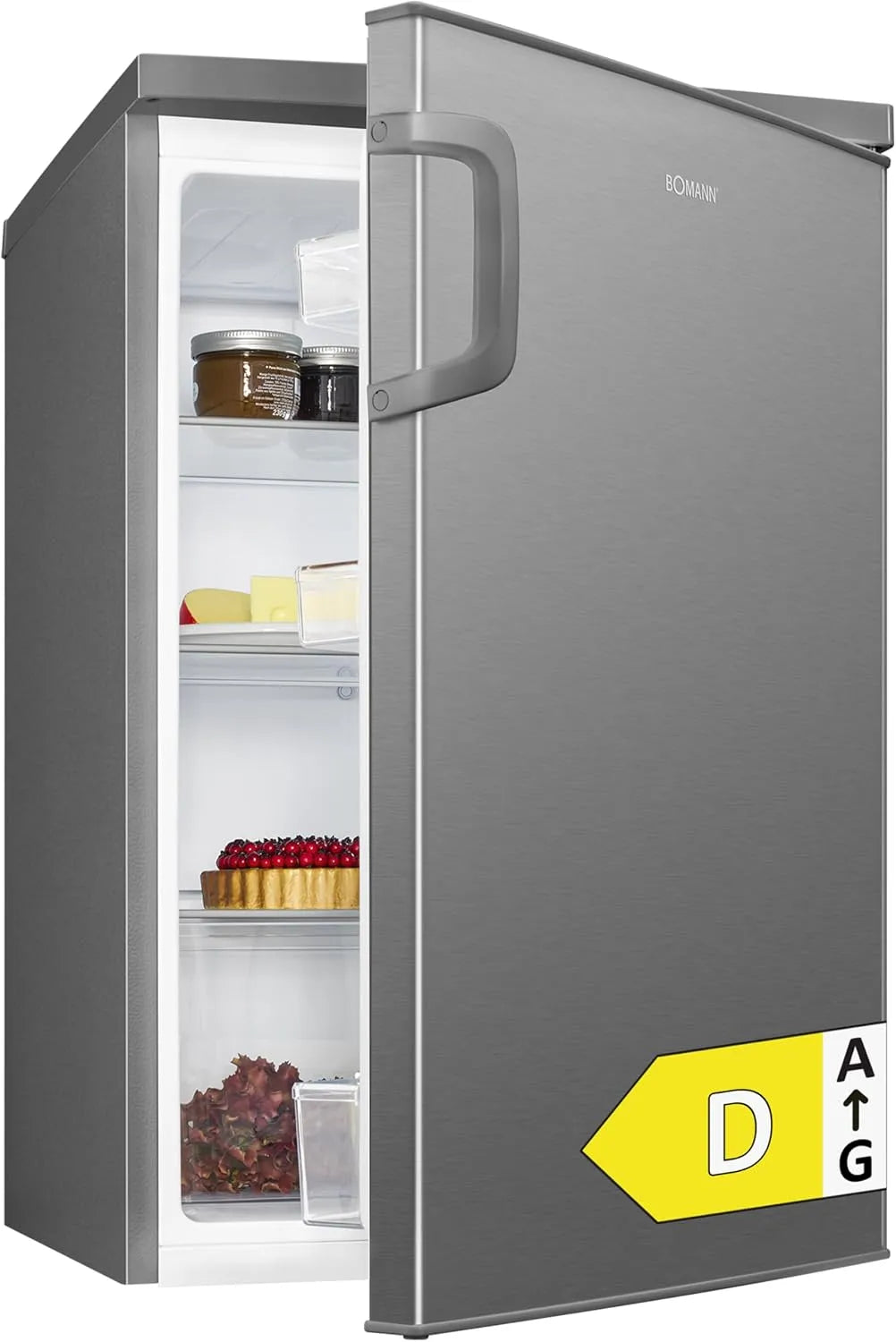 Bomann Kühlschrank VS 2195.1, leise 39dB, Fassungsvermögen 133L, Energieklasse D, klein mit Gemüsefach, inox, Breite 85cm, 3 Ablagen, ohne Gefrierfach