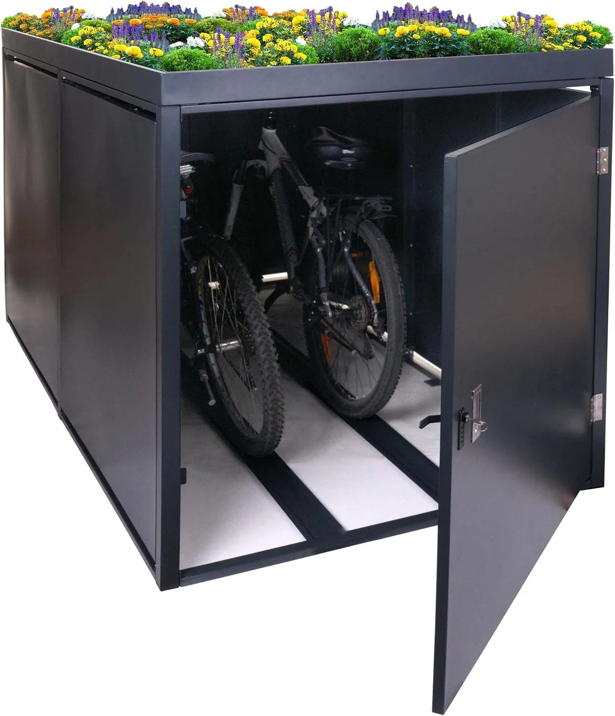 Fahrrad 2er-Fahrradgarage HWC-L56b, Mendler mit Pflanzkasten, abschließbar verzinkter Stahl 125x113x208cm, Mendler 2er Modell, anthrazit, Fahrradbox