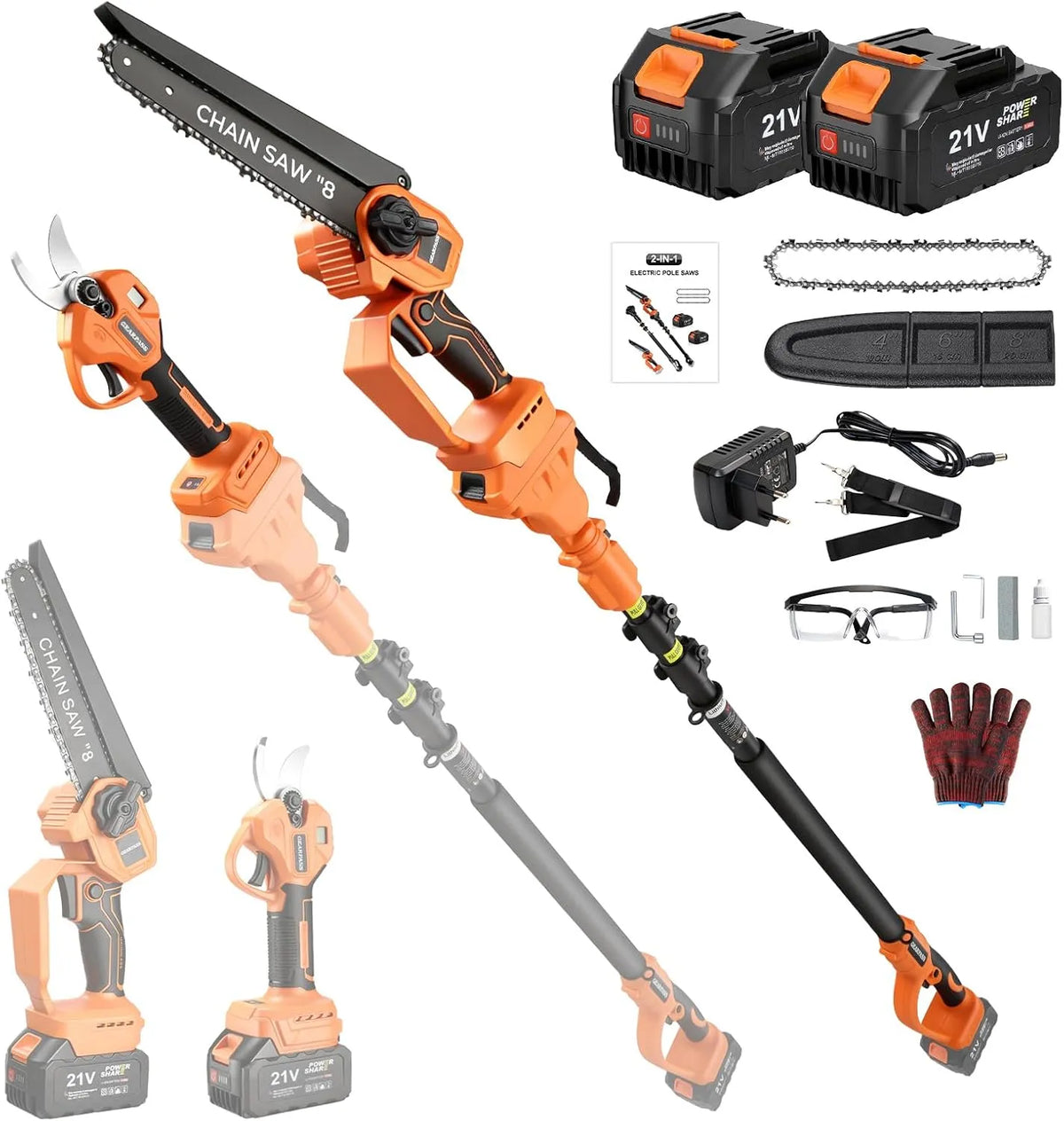 4-in-1 Akku-Hochentaster, 20cm Mini-Kettensäge & elektrische Gartenschere mit bürstenlosem Motor, automatischer Ölung 4,5 m Reichweite