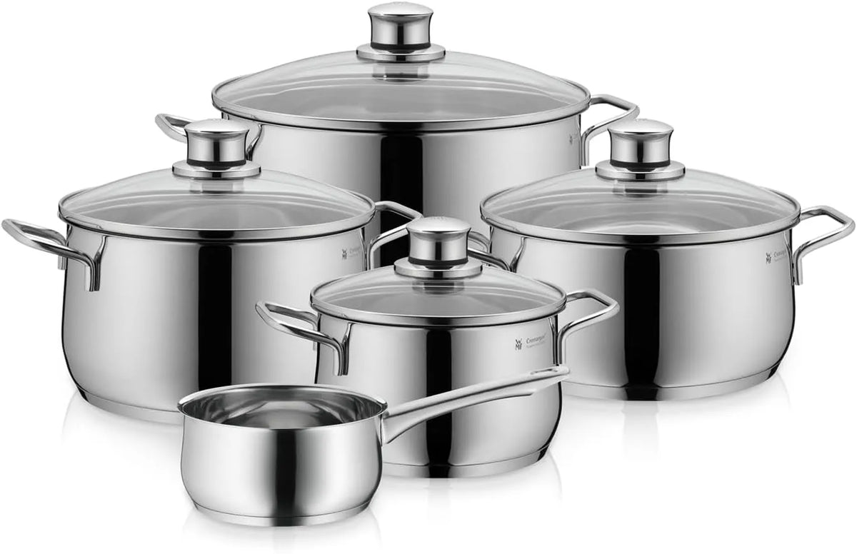 WMF Topfset, Diadem Plus Induktion 5-teilig, Kochtopf Set mit Glasdeckel, Cromargan Edelstahl poliert, Induktions Töpfe Set unbeschichtet