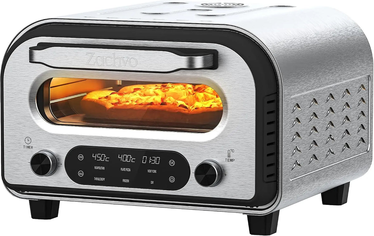 Modell 90Sek Pizzaofen Elektrisch, inklusive. Pizzastein 32cm, 450°C für. Pizza, 5 Betriebsprogramme + DIY, Pizzaschieber & Rezeptbuch, Edelstahl