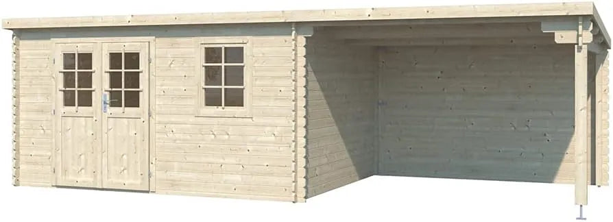 Gartenhaus CA2987, Wandstärke 28 mm, BxTxH: 696 x 309 x 204 cm, Mit 3 m Anbau, inklusive. 1 Fenster, Blockbohlenhaus, Naturbelassen