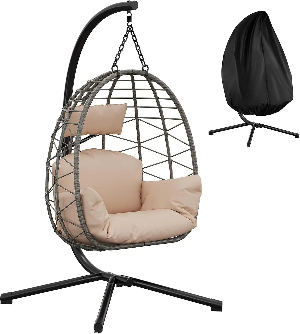 Gestell Outdoor bis belastbar Hängesessel mit, Rattan Metallgestell, ideal als Hängesitz Indoor mit Gestell für Garten, Terrasse & Balkon Beige
