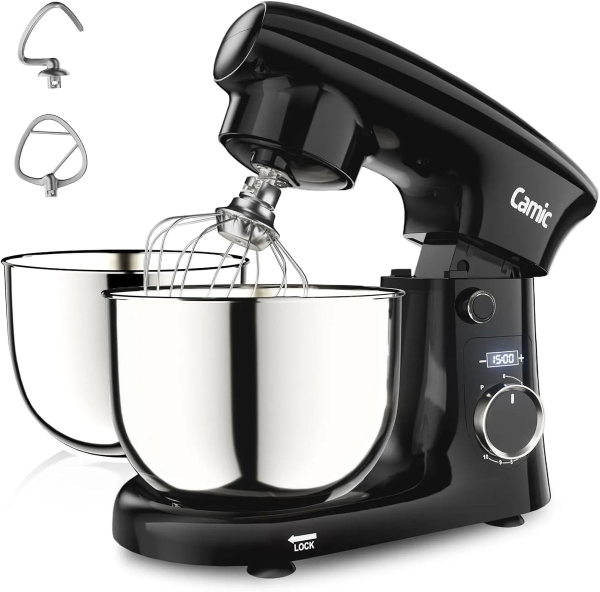 Küchenmaschine 4L+5L Camic, 10 Geschwindigkeitsstufen, Knet, Schneebesen, Zeit einstellen, Brot, mit 3 Zubehörteilen, 2 Edelstahlschüsseln, Rühr