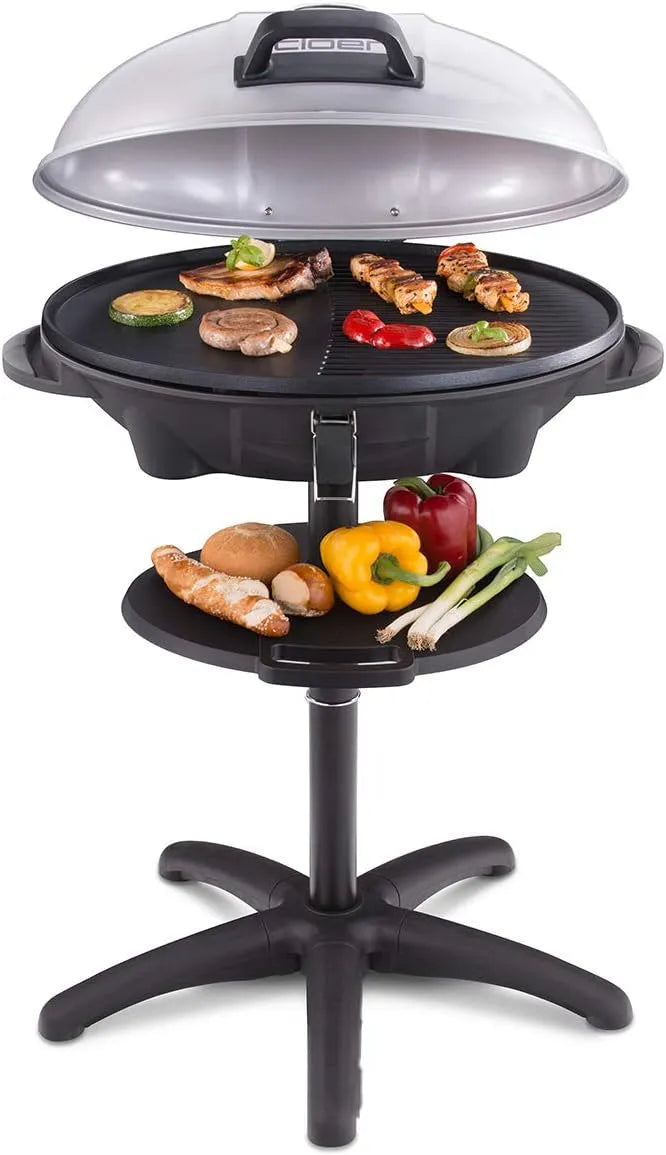 Grill 6789 Cloer Barbecue, Grillfläche: 38,5 x 52,5 cm, 2400 Watt, Outdoor Standgrill mit integriertem Thermometer, Antihaftbeschichtung, Silber