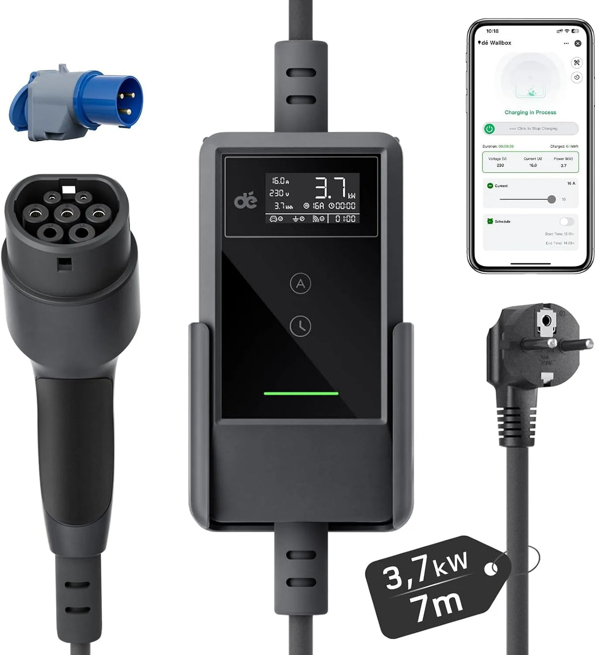Modell 1-phasig ID.3/4/5/7 2 Ladekabel Schuko mit APP Y 6-16A Y/3 dé Typ, 7m, 3, ENYAQ und Anderen PHEV