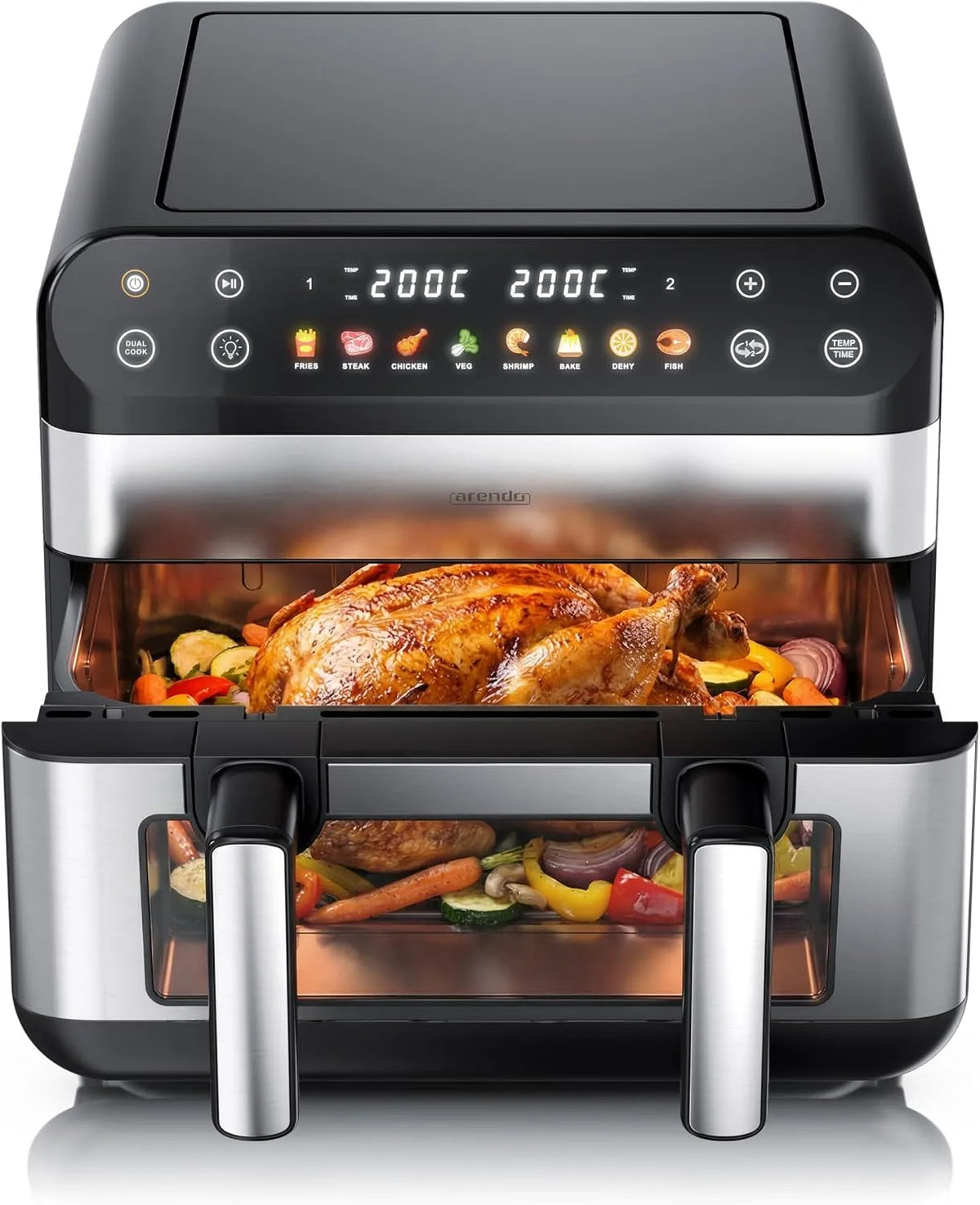 Heißluftfritteuse Arendo - XXL, Backofen Umluft, 1 Kammer Match Funktion, XXL 10 Liter, 2 Kammern trennbar, Fritteuse ohne Öl, extra Groß, Grill