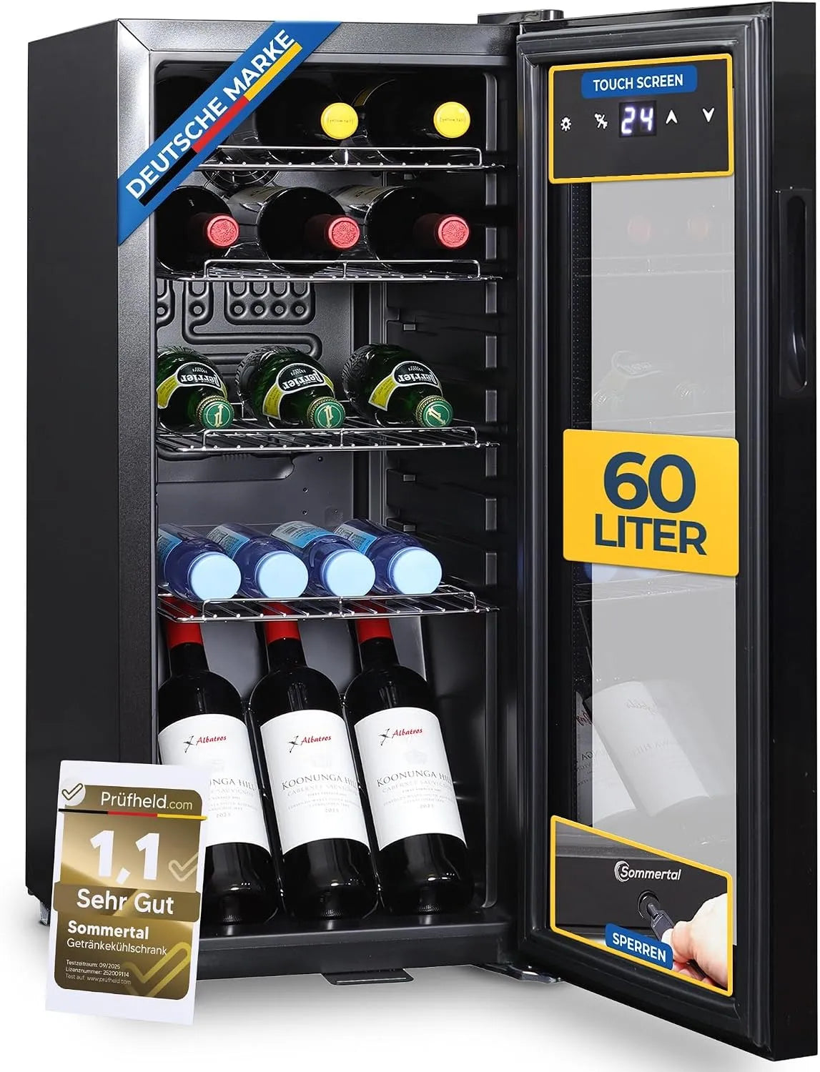 Kühlschrank GK60, Touchscreen & Schloss kleiner Flaschenkühlschrank in Schwarz 60L, mit Glastür – Leiser Getränkekühlschrank mit LED