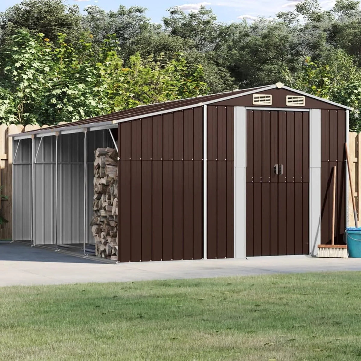 Braun Gerätehaus 3188297, 277x365,5x179 cm Verzinkter Stahl, Gartenhaus, Fahrradgarage, Gartenhütte, Geräte Schuppen, Gartengerätehaus