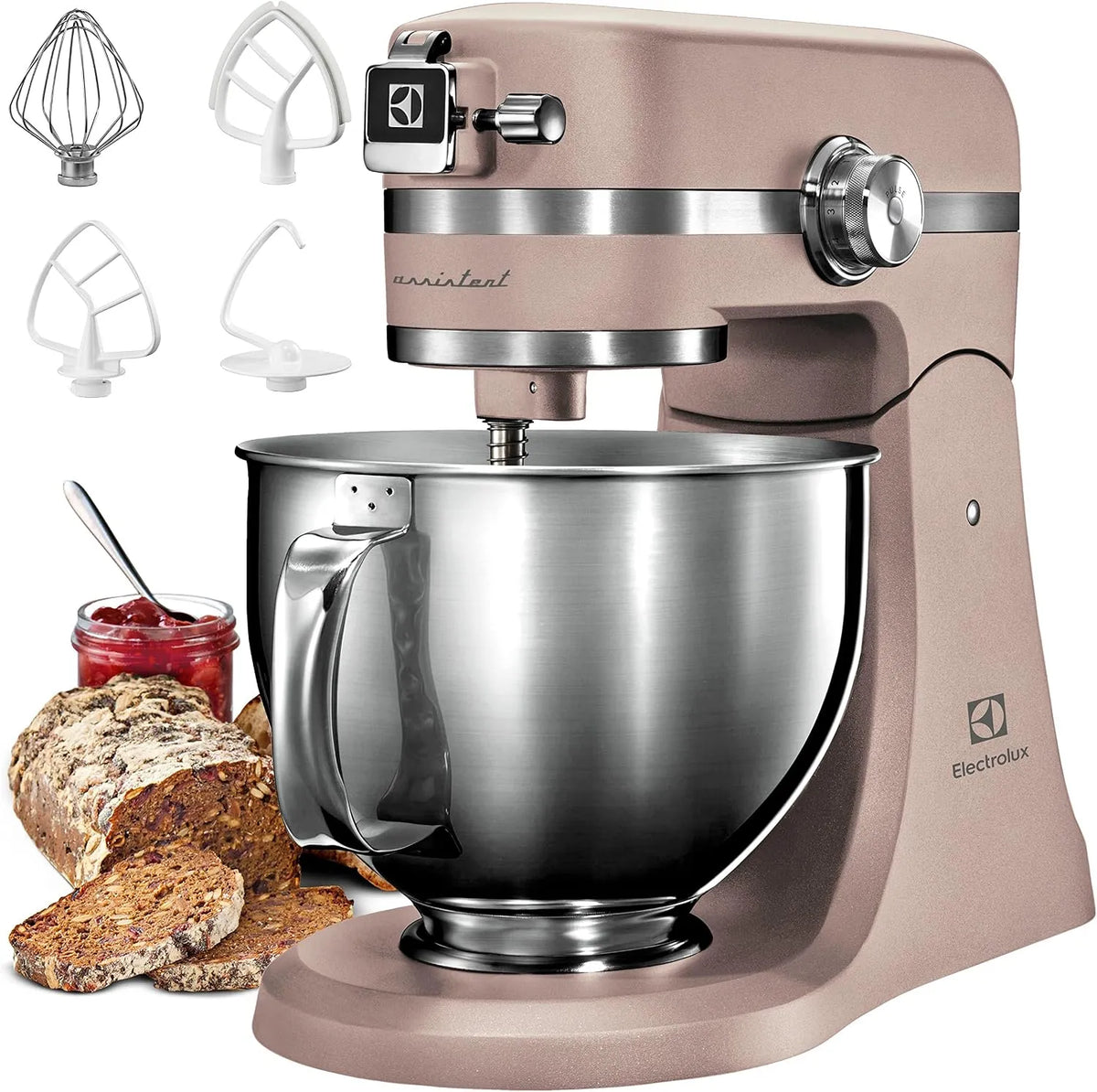 Electrolux Knetmaschine aus Edelstahl EKM5570, Motor 1200 W und 10 Geschwindigkeitsstufen, Maße 360 x 370 x 210 mm, Sand, mit Schneebesen und Deckel