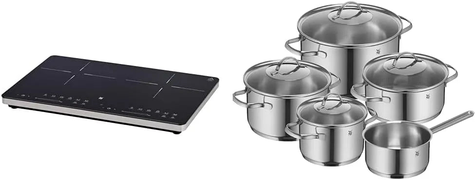 WMF Induktionskochfeld, Kult X Doppel, Leistung 3500 W & Provence Plus Topfset Induktion 5-teilig, Kochplatte bis 28 cm, Cromargan Edelstahl poliert