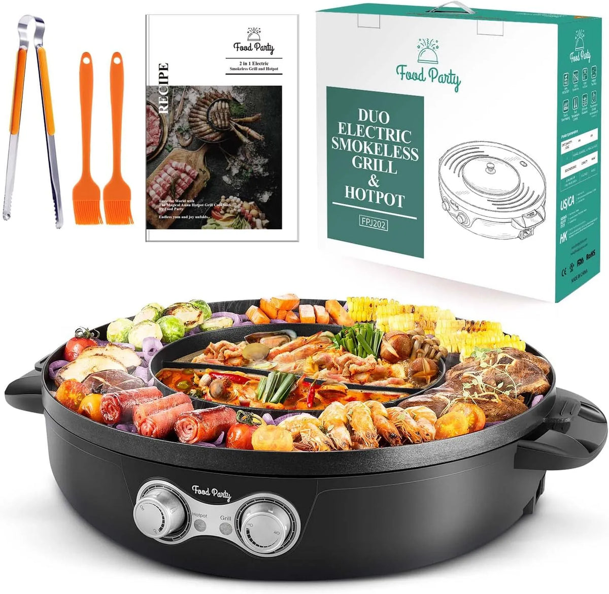 Grill, Food Party Hot Pot und Tischgrill Elektrisch Hotpot Topf Elektrogrill 220V 2200W 2 in