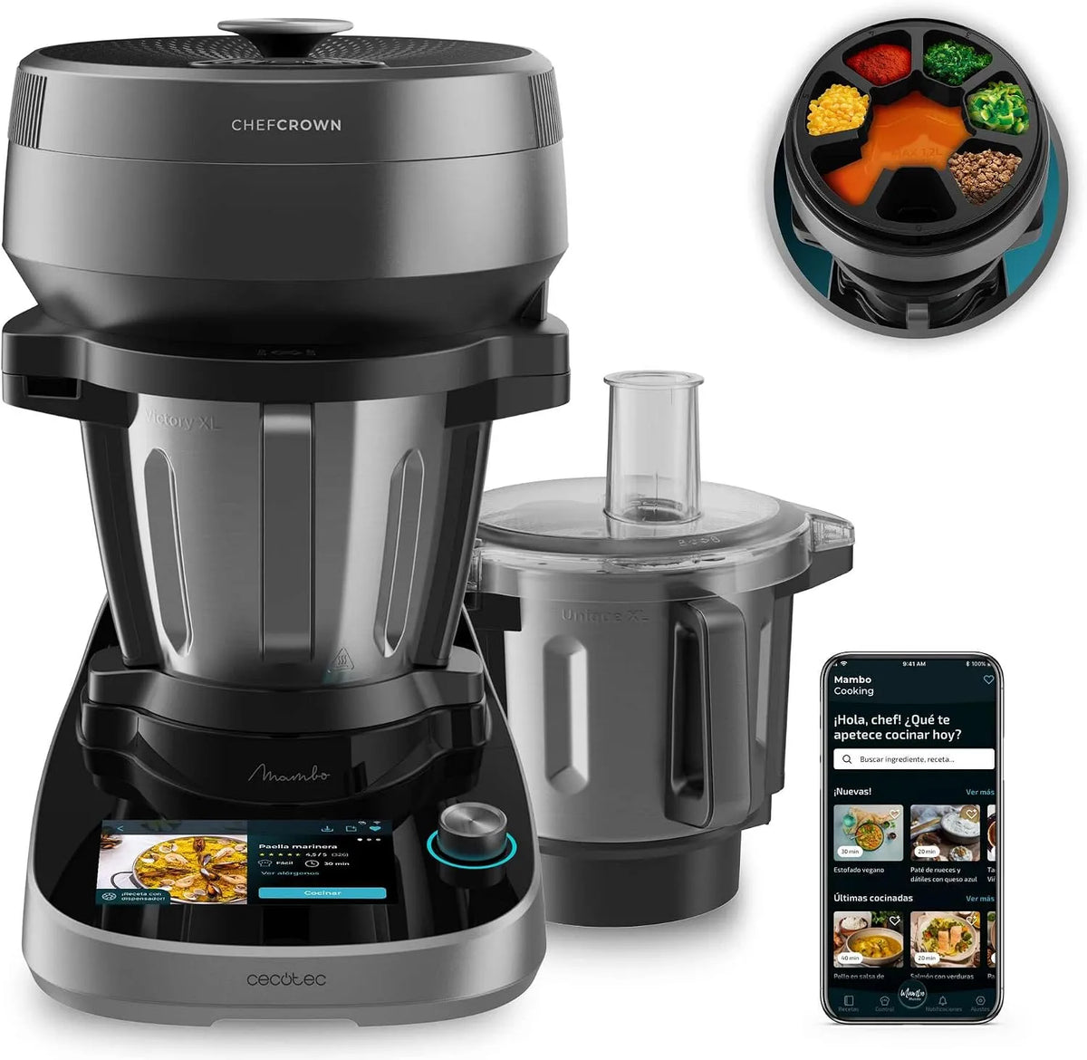 Cecotec Küchenroboter mit Lebensmittelspender Mambo CooKing Total Gourmet Essential, Fassungsvermögen 5L Unique Krug und 5L Victory Krug, Zubehör