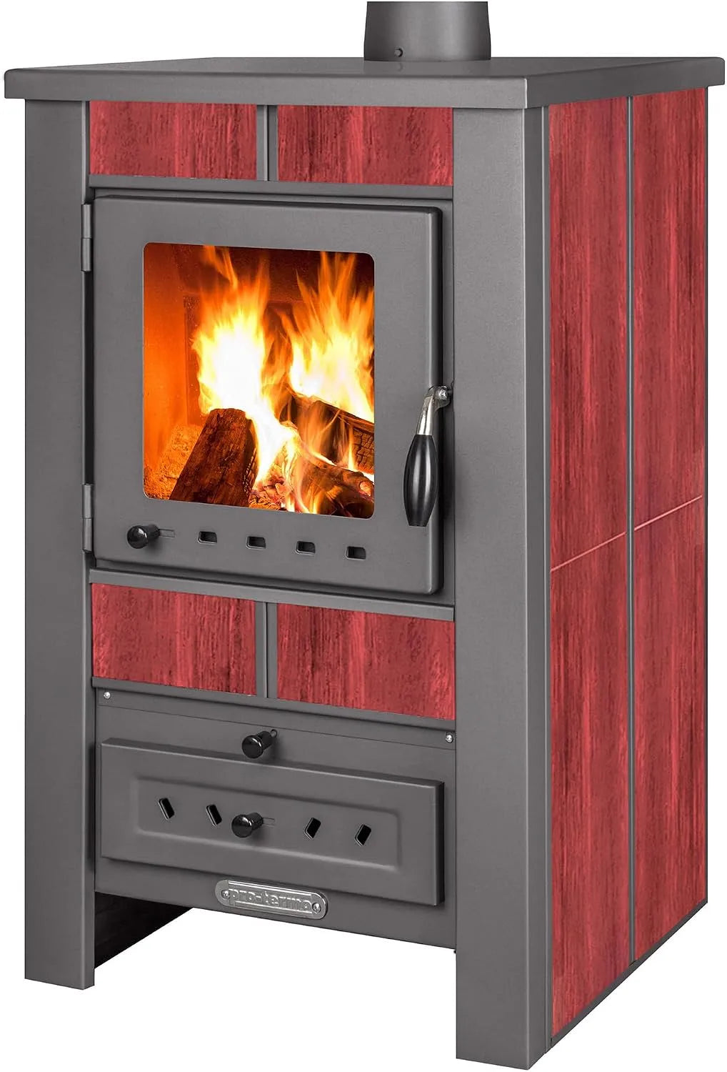 Alpina Kaminofen, 8 kW Heizleistung, Bauart 1, ProTermo G Rot mit Schamottstein, Holzofen mit Sichtfenster