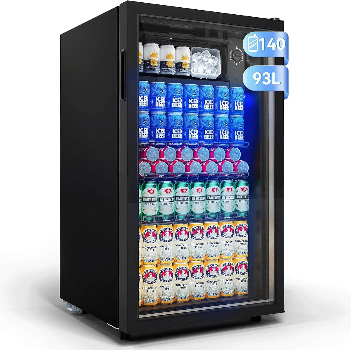 Kühlschrank, Mini für 140 Dosen, mit Glastür kleiner, Bier, für Homebar, Gastronomie, Fassungsvermögen 93L Getränkekühlschrank, LED, Wein