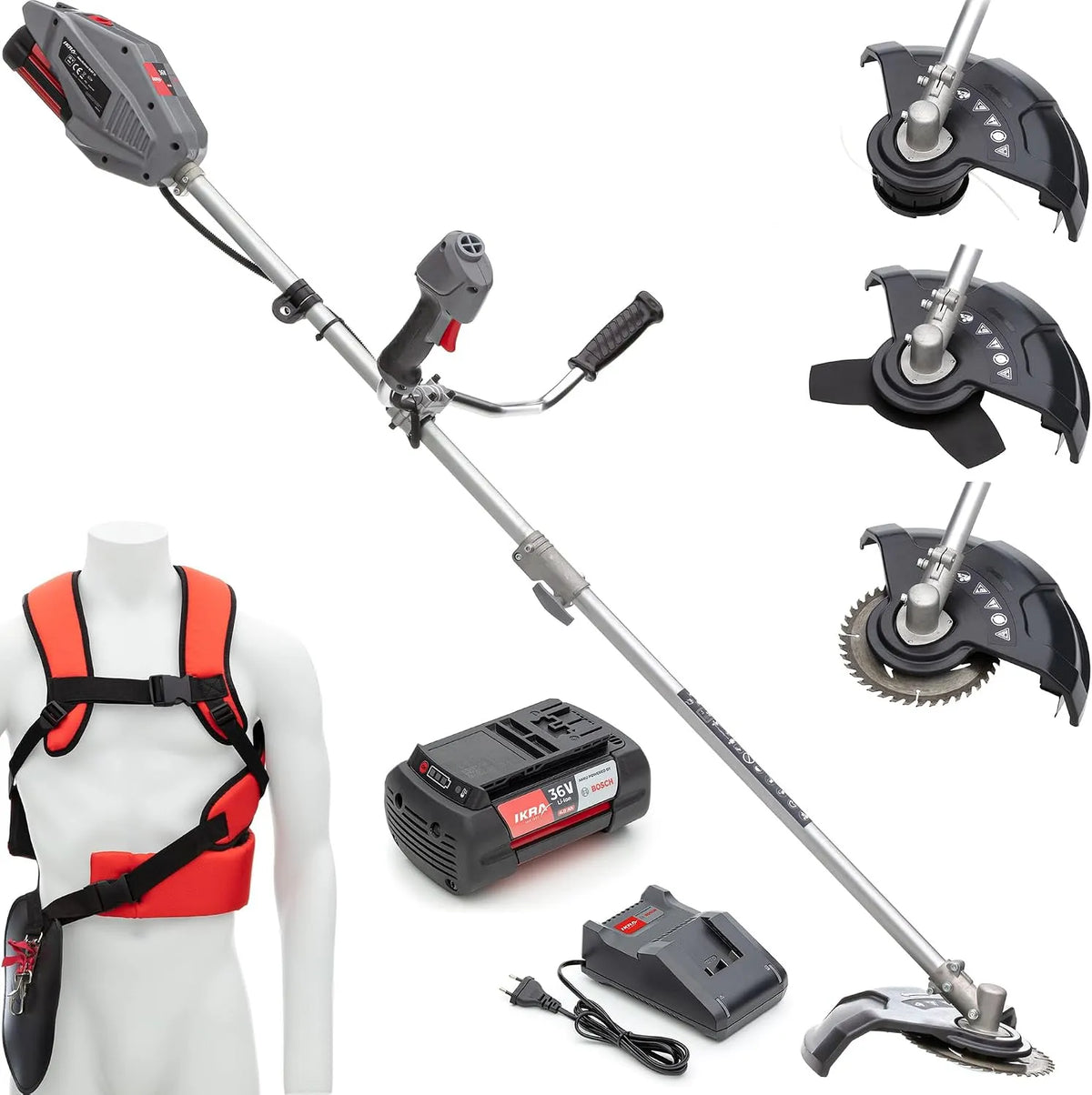 Bosch Rasentrimmer IB-BC 33 3-Zahn-Messer 80-Zahn-Sägeblatt, IKRA 36V Akku Freischneider, inklusive. Akku 36V 4Ah & Ladegerät, Spule, & Schultergurt
