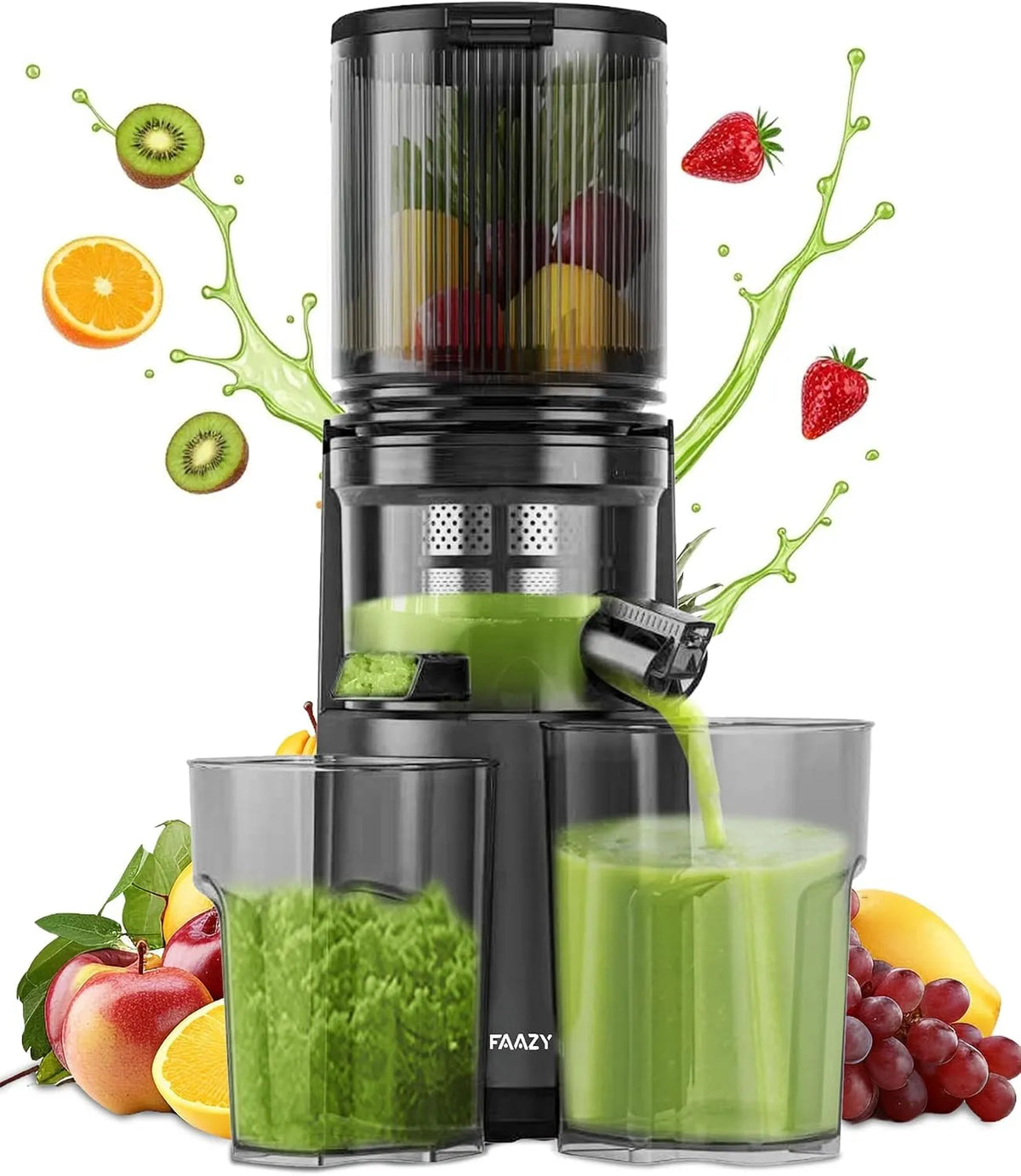 Entsafter, 130 mm Breite und Größere Fütterungsröhre, Leicht zu Reinigender Slow Juicer mit 2 Gläsern, für Ganze Gemüse und Obst