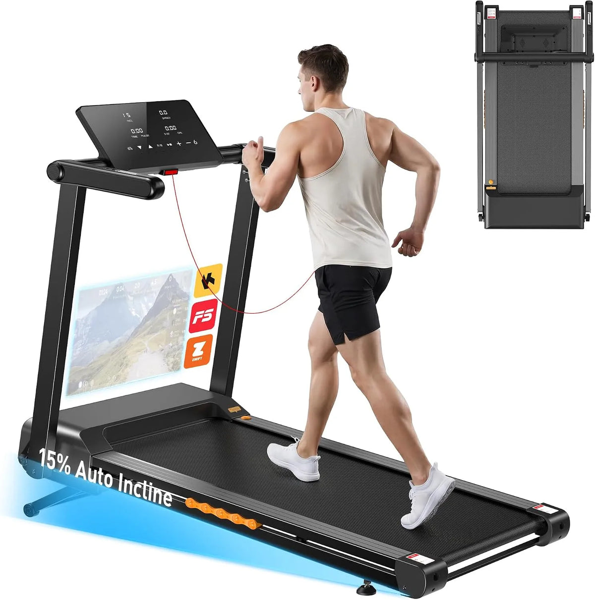 Für Zuhause mit 15% Automatische Steigung Klappbar Laufband, 3.5 PS Laufband Steigung mit 12 HIIT Programme, Gewicht 136kg, Pulsmessung, Smart App