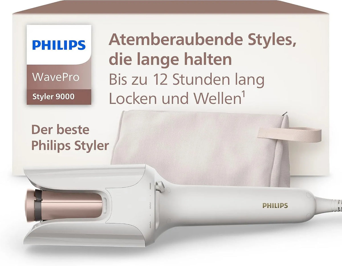 Philips Modell, WavePro Styler, 360°-Shaping-Technologie für langanhaltende Styles 9000 BHB968/10, Seidenweiß, mit Kosmetiktasche
