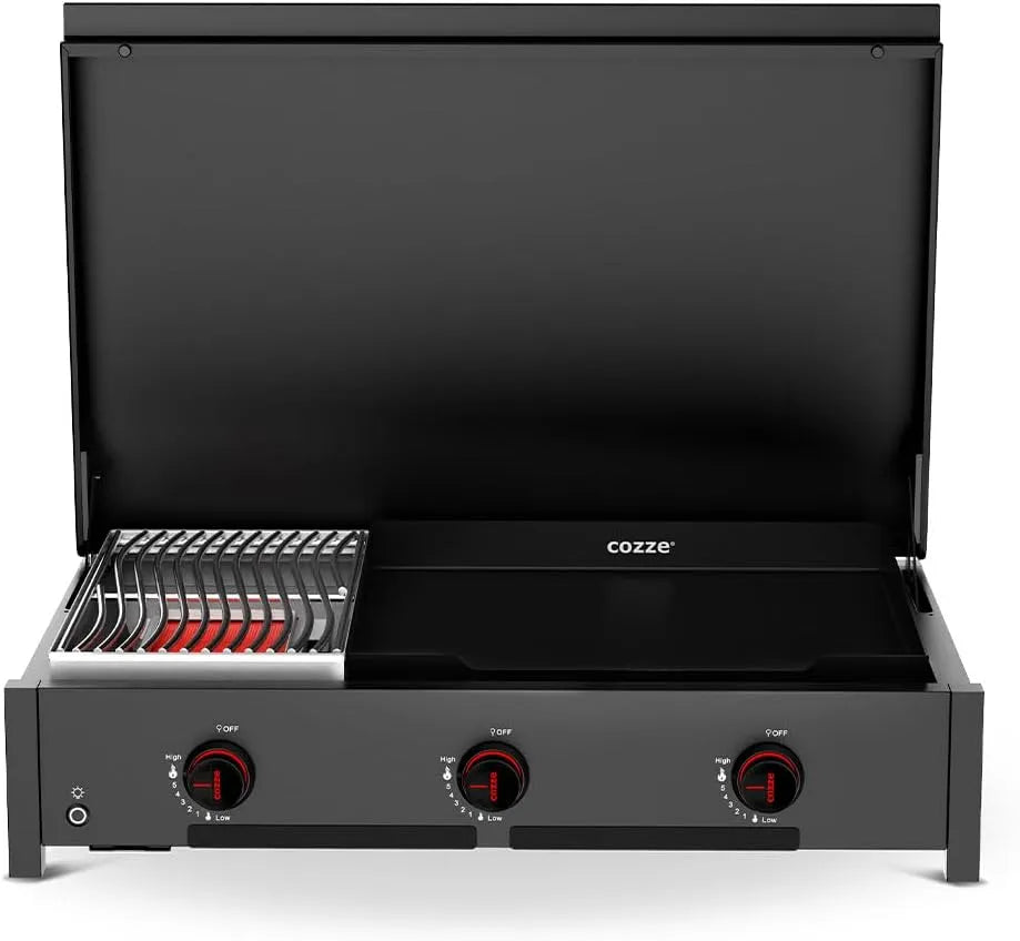 Gasgrill, Cozze Combo 900, 2-in-1 und Plancha in schwarzer Edition, 3 Brenner mit Deckel & Thermometer, Emaille-Gusseisen-Plancha-Griddle