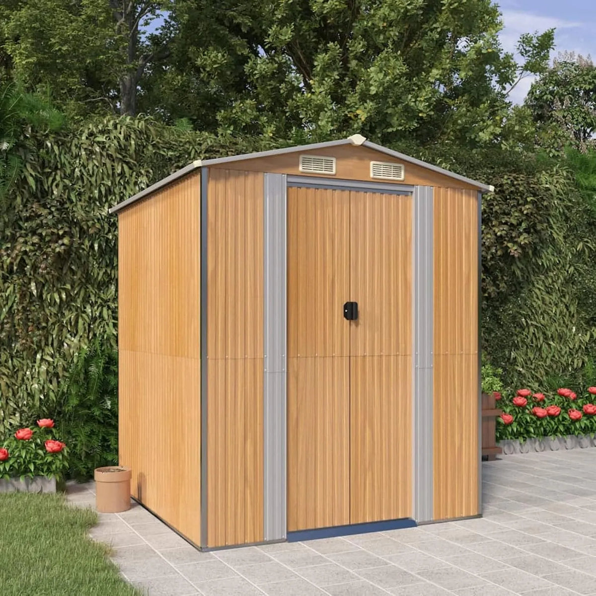 Geräteschuppen, Hellbraun 192x191x223 cm Verzinkter Stahl, Fahrrad Unterstand, Gerätehaus, Fahrradgarage, Gartenhütte, Gartenhäuschen