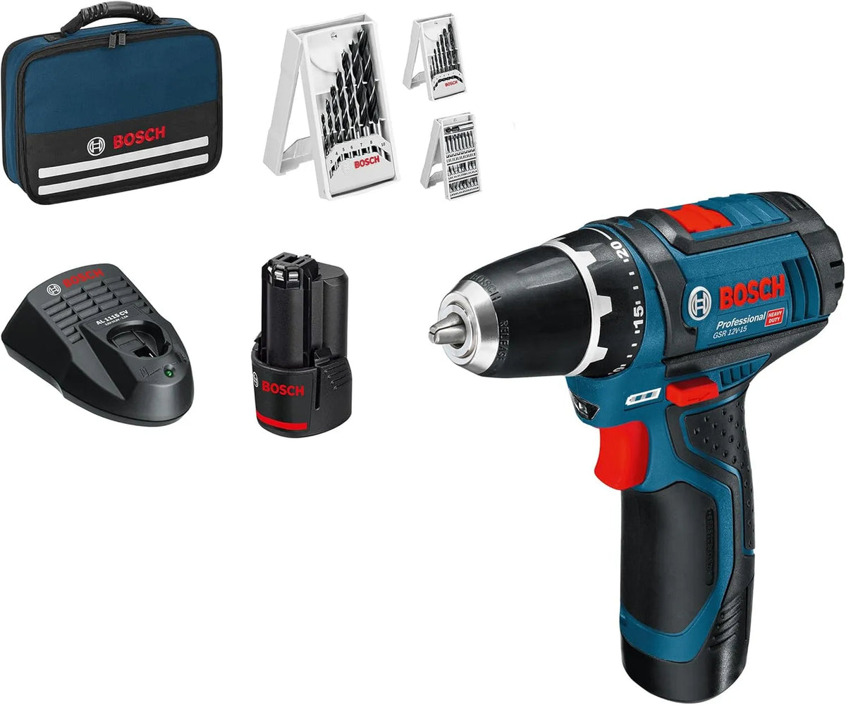 Bosch Modell 12V-15 39tlg.-Zubehör-Set, Werkzeugtasche, Professional 12V System Akku Bohrschrauber GSR, inklusive. 2x2.0 Akku, Ladegerät