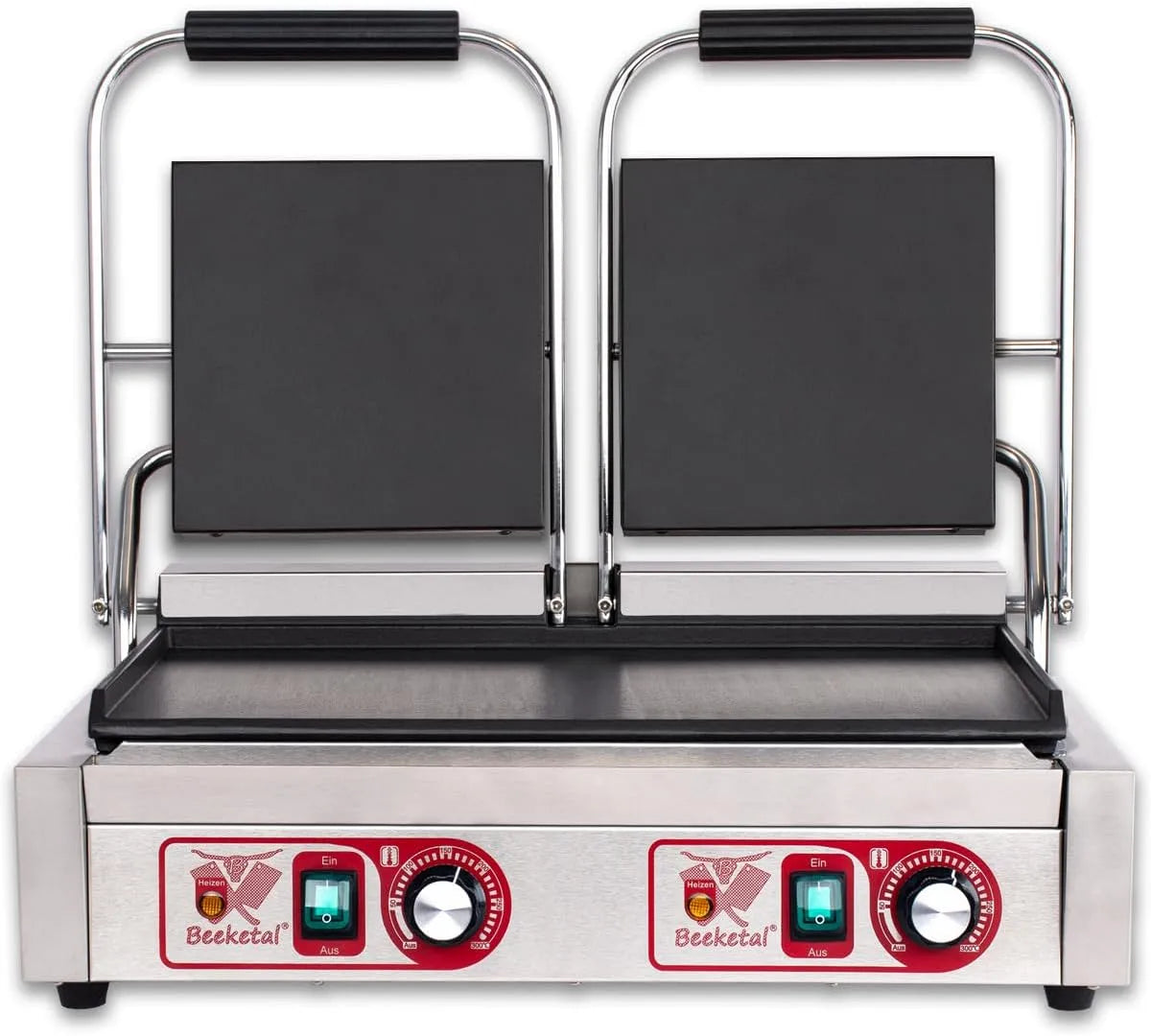 Toaster BKG9, Beeketal ' Gastro Doppelt Kontaktgrill mit Gusseisen Grillpatten, oben und unten glatt, mit Fettauffangschale