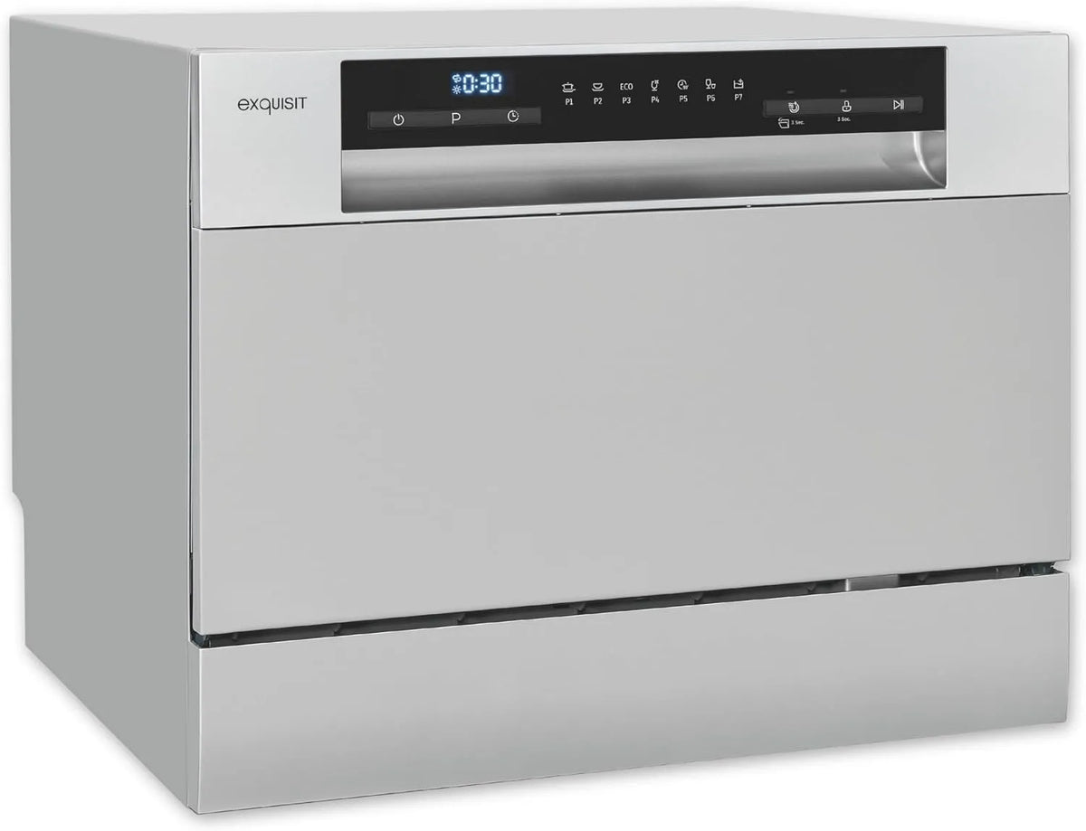 Exquisit Geschirrspüler GSP5206-030D, 55 cm breit, Mini, spülmaschine klein, ECO-Modus, Tischspülmaschine, Auto Türöffner, silber