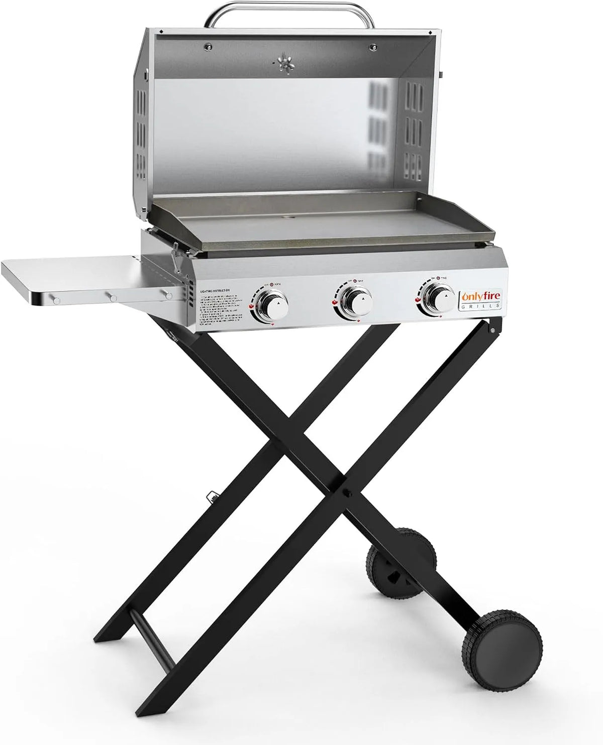 Gasgrill Onlyfire BBQ, Grillfläche 57x36cm, Grillwagen, Grillplatte, Thermometer, Plancha 3 Brenner aus Edelstahl, Leistung 7Kw, Rollen