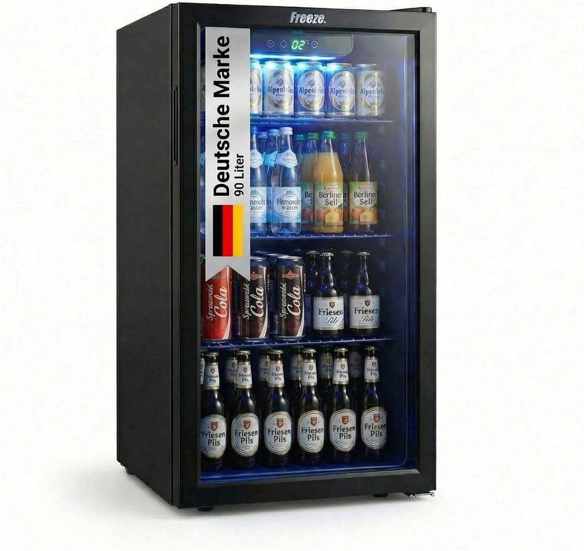Kühlschrank, FREEZE. 90L Getränkekühlschrank, Mini für 126 Dosen, Bar, Glastürkühlschrank, Weinkühler, Büro, frostfrei, in Schwarz