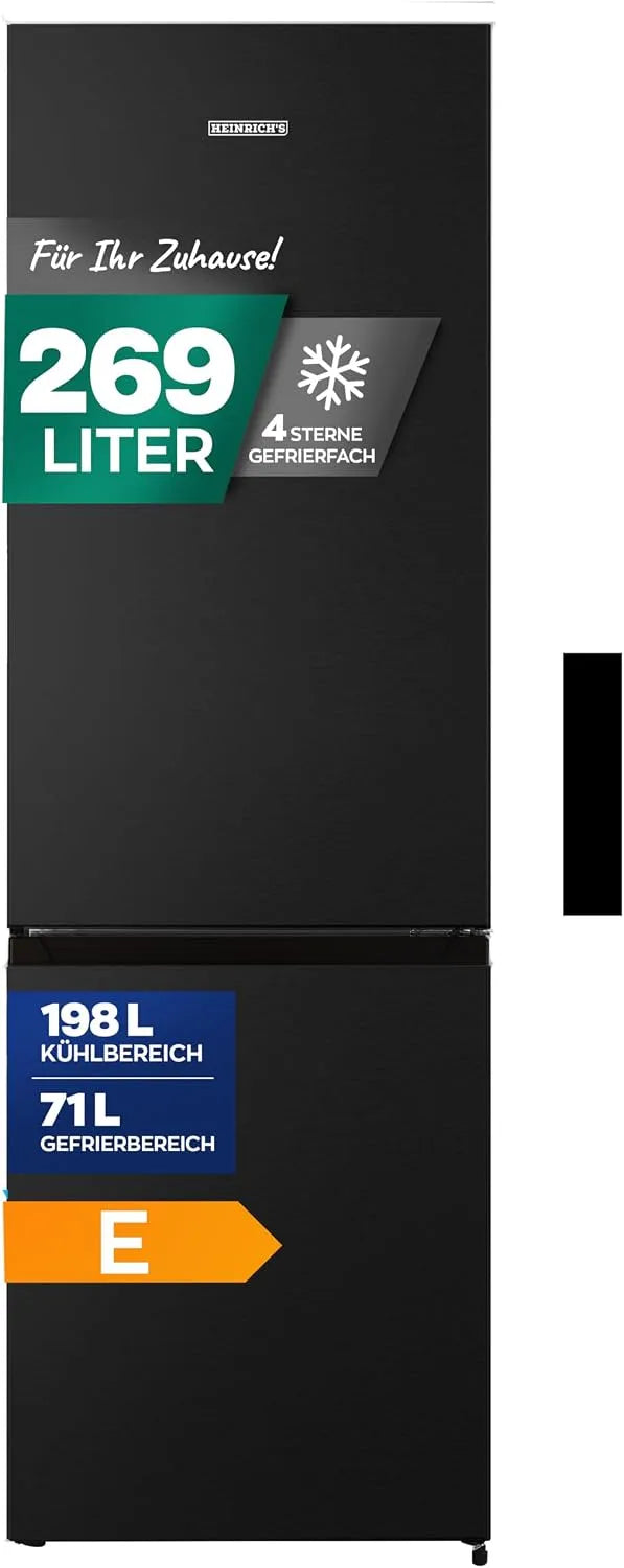 Kühlschrank, Kühlvolumen 198L, leise 39dB, LED Beleuchtung Türanschlag wechselbar, inox-in Schwarz, Heinrich´s Kühlgefrierkombination 269 Liter